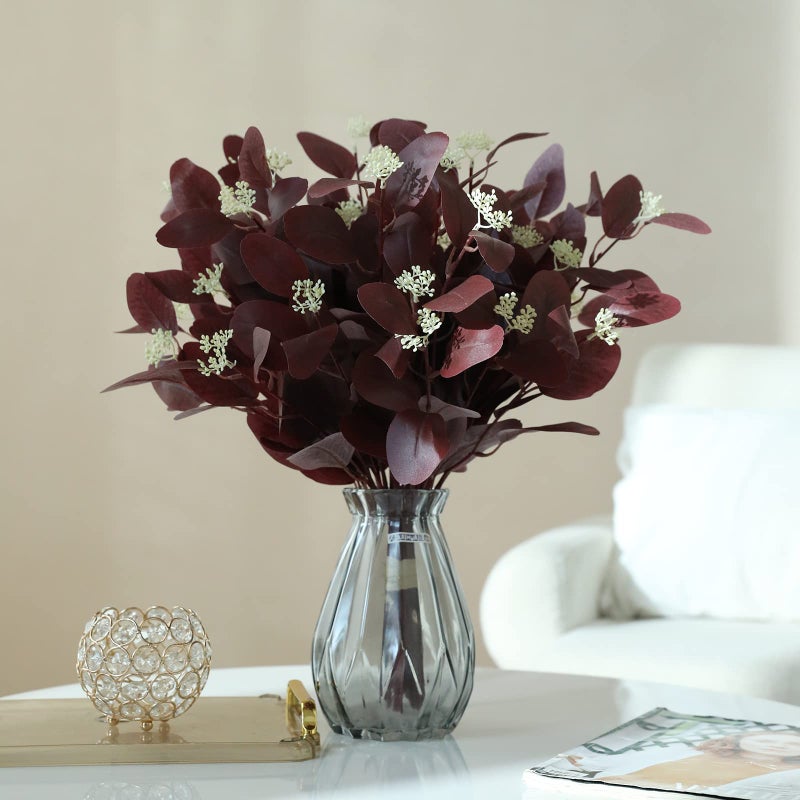 dallisten 20"" Silk Artificial Eucalyptus Stems  12Pcs Fake Eucalyptus Stem with Leaves Berries  Greenery Plants Floral Decorations for Wedding Party Flowers Arrangement Home Decor (Burgundy) - Image 4